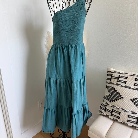 Boutique Teal One-Shoulder Smocked Bodice Tiered Midi Dress - Size Small - Picture 1 of 5